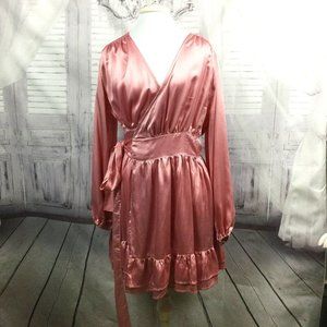 Pink Satin Crossover Ruffle Long Sleeve Dress